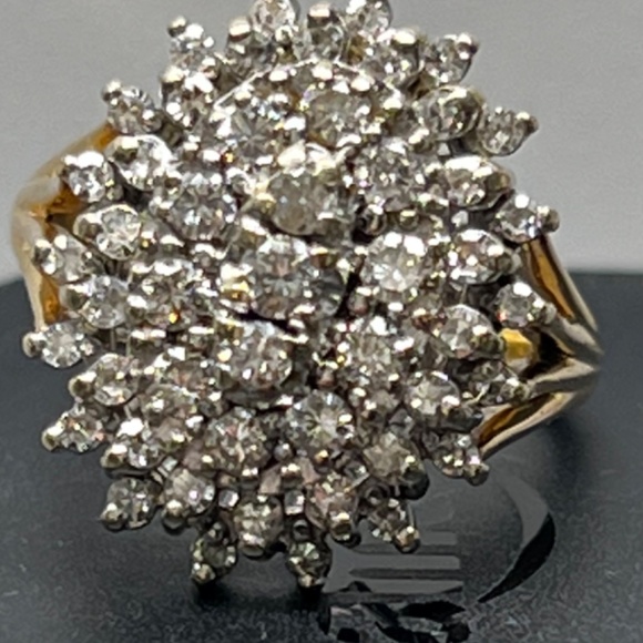 14K Y/Gold 50 Diamond 1.50 CT TDW Cluster Ring - Picture 9 of 12